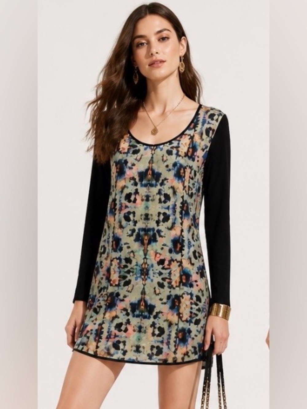 HD IN PARIS Anthropologie Dress Painted Symmetry Shift Tapestry Boho Long Sleeve